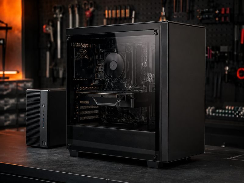Computador de mesa com gabinete aberto