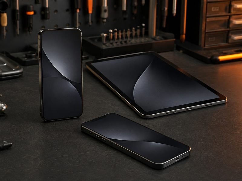 Celulares e tablet sobre bancada técnica