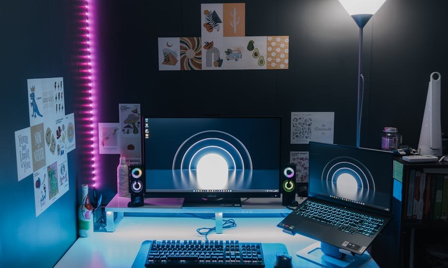 Mesa gamer com computador para jogar e estudar